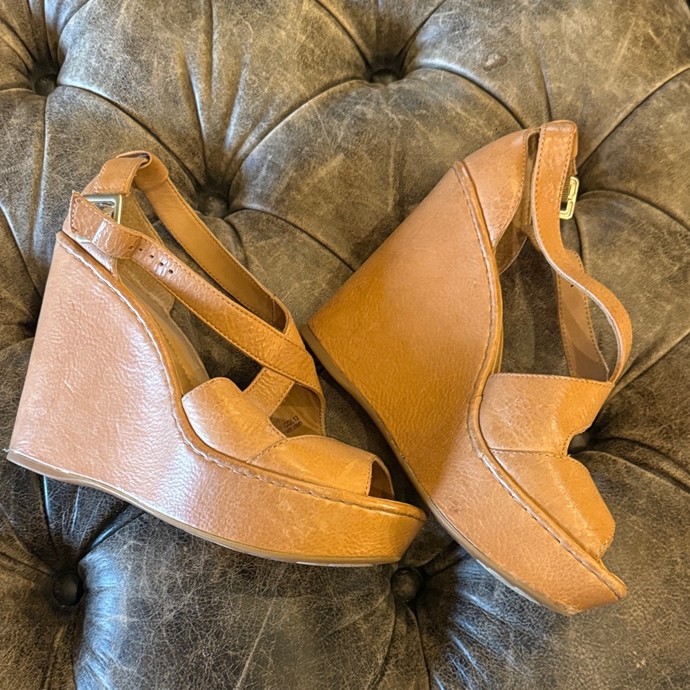 Born Tan Leather Wedge Sandals - Women's Strappy Platform
